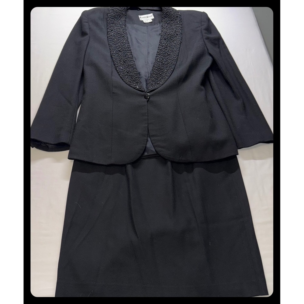 John Meyer Skirt Suit Womens 14 Black Wool Beaded Shawl Lapel Formal